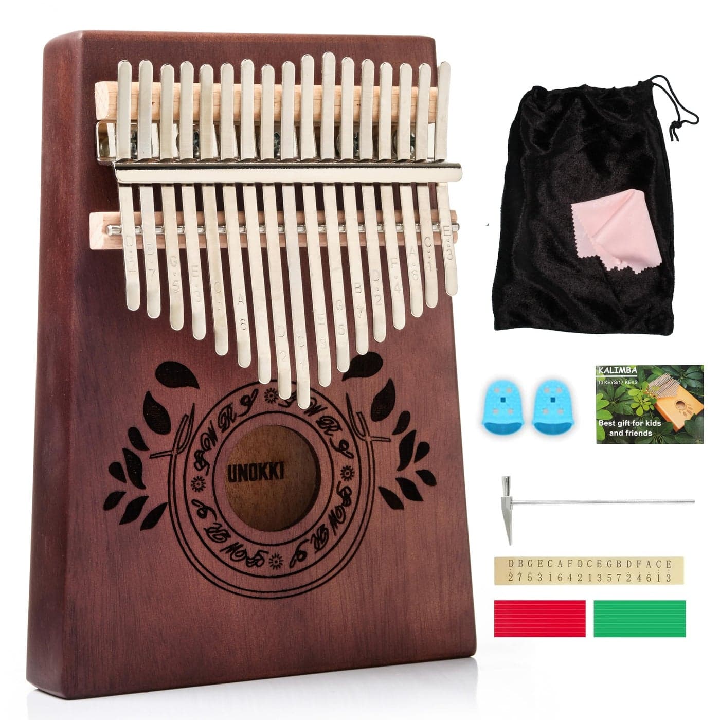 UNOKKI Kalimba 17 Key Thumb Piano, Portable Mahogany Mbira Finger Piano with Instruction, Carrying Bag, Tune Hammer, Holiday Gift for Kids & Adults (Chocolate Brown)