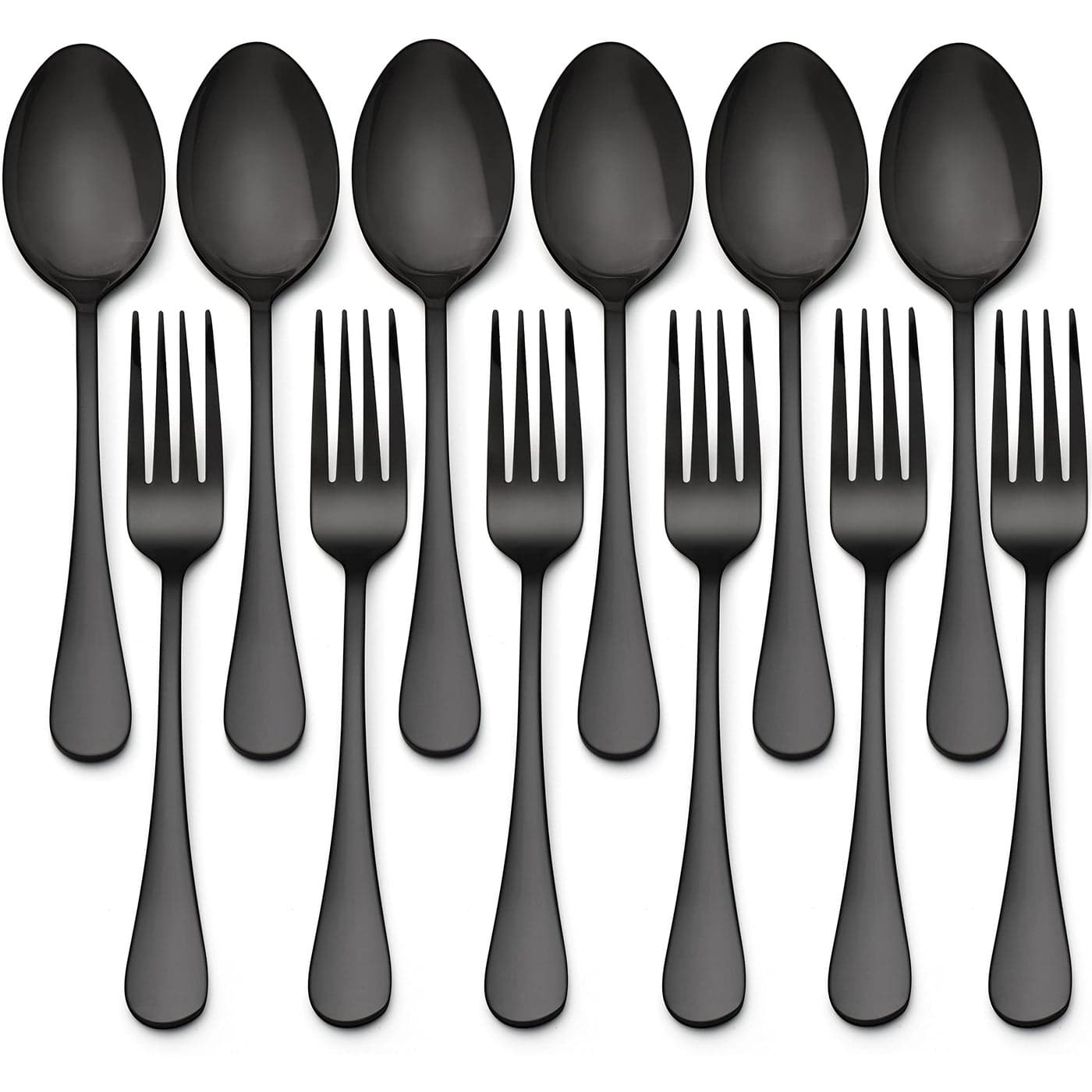 LIANYU 12Piece Black Forks and Spoons Silverware Set 6 Dinner Spoons and 6 Dinner Forks Stainless Steel Black Flatware Cutlery Set for Home Kitchen Hotel Mirror Finished Dishwasher Safe
