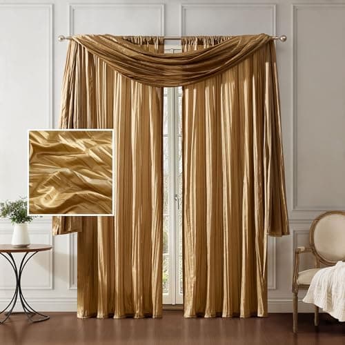 Elrene Home Fashions Athena Faux Crushed-Silk Window Curtain Panel and Valance Set, 52"x95" (2 Panels) & 1 Valance, Gold