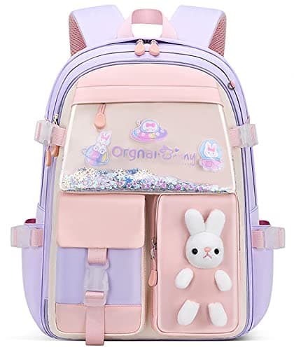 MCWTH School Backpack for Girls Lightweight Waterproof Cute Bunny School Bookbag for Teen Kids Students Elementary Rabbit Purple Large