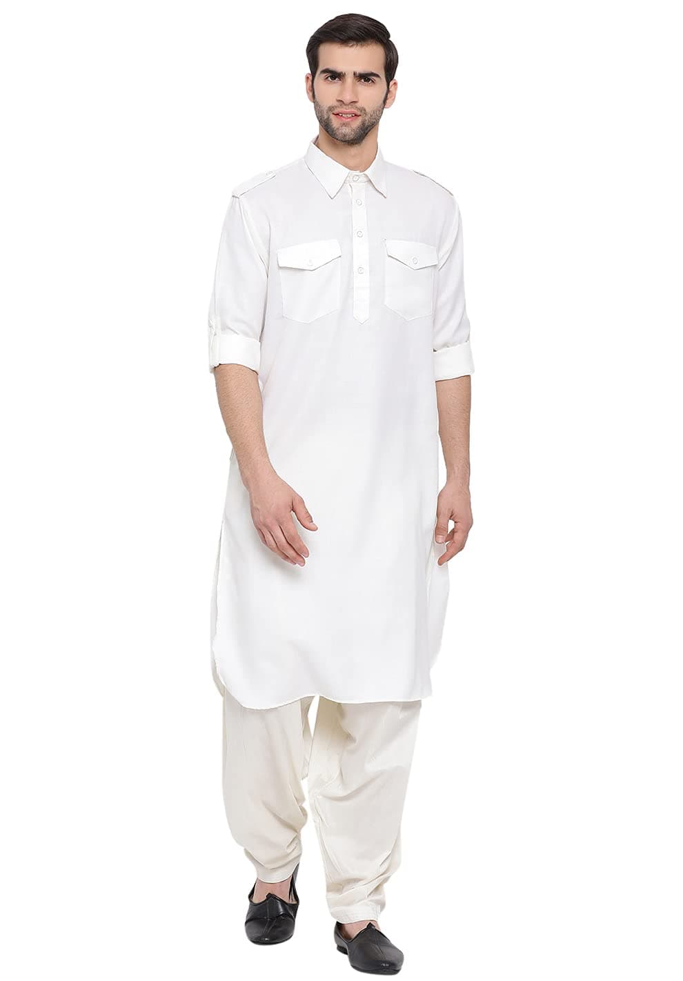 VASTRAMAY Men's Cream Cotton Blend Pathani Kurta & Patiala Set_VASMPT003CRnPTYCR_42