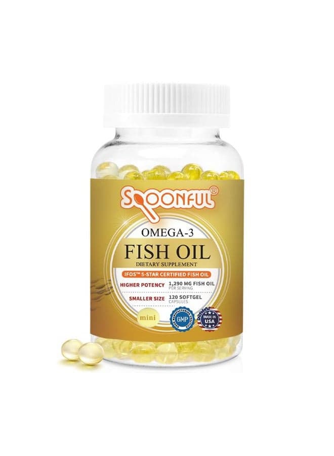 Mini Omega 3 Fish Oil, iFOS Certified, 1290 mg Per Serving, 120 Softgels Pearls, Small Size Easy to Swallow Capsules for Women and Seniors, Made in USA