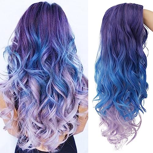 Dai Cloud Blue and Purple Curly Women Wigs Long Wave Middle Part Synthetic Wig for Halloween Cosplay Wigs Mixed Blue