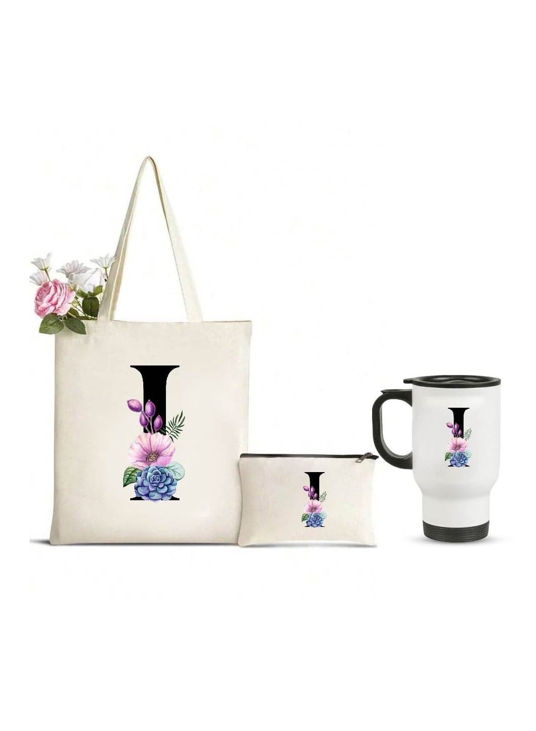 Initial Letters Canvas Cotton Tote Bag, Cosmetic Pouch, and Stainless Steel Travel Mug - A Stylish Pack of 3 Combo Set for Girls - Gift for wedding - Gifts for girls - Gift for friends