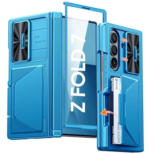 BSNRM for Samsung Galaxy Z Fold 7 Case with Card Holder RFID Blocking, Built in Slide Lens Cover & Hinge Protection & Screen Protector, Shockproof Wallet Case for Z Fold 7 (Lake Blue)