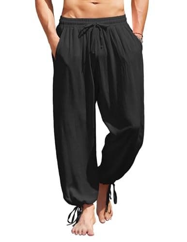 COOFANDY Men's Cotton Linen Pants Casual Yoga Harem Pants Beach Baggy Hippie Boho Pants Black