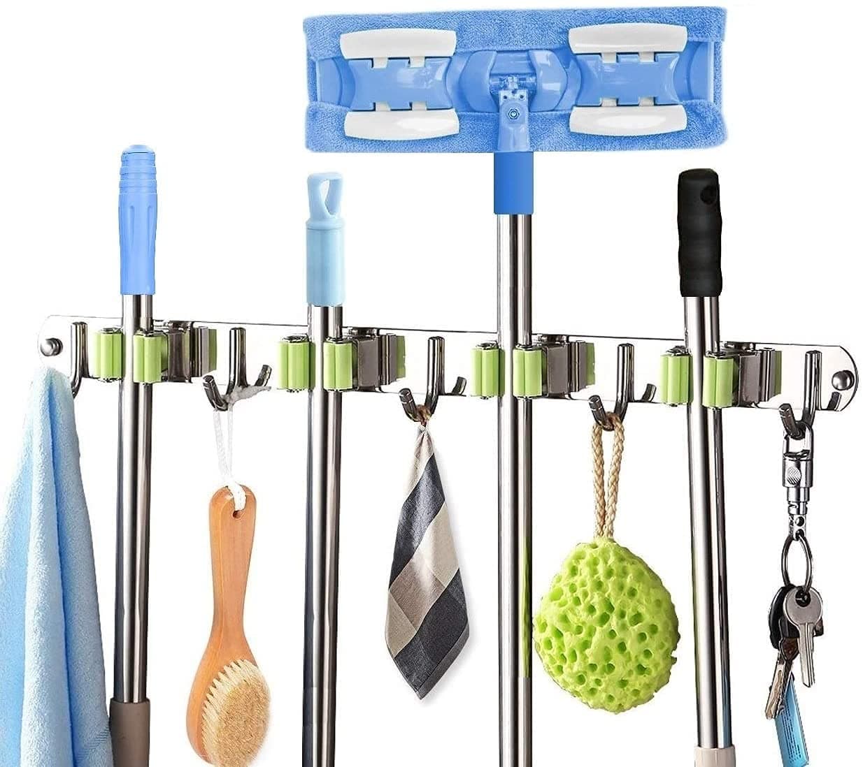 Kepzell Broom Mop Holder Wall Mount Stainless Steel Tool Hanger Storage Organizer for Home Kitchen Garage Garden Laundry Room Bathroom Organization and Storage4 Racks 5 Hooks1pcs 1