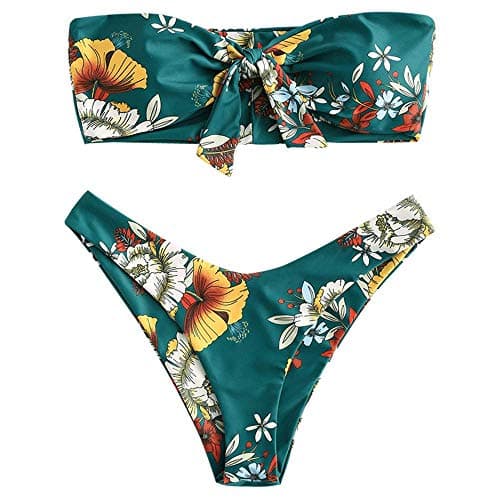 ZAFUL Knotted Bandeau Bikini for Women Strapless Swimsuits High Cut Bathing Suit Sexy 2 Piece Swimwear Green Floral S