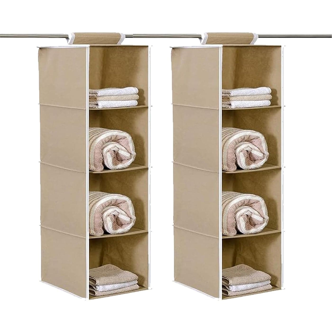 Kuber Industries Pack of 2 Shoe Stoarge Rack 4 Shelf Closet Hanging Organizer Foldable Wardrobe Storage For Cloth Toys Dress Shelf For Clothes with Velcro Plain Light Brown