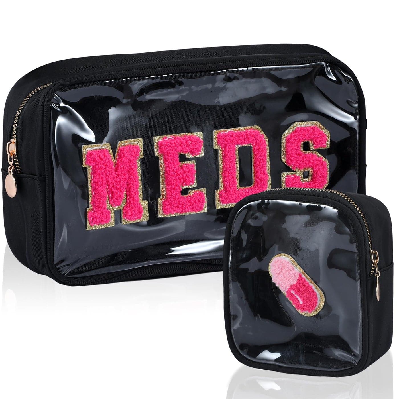 Hillban 2 Pcs Medicine Bag Gifts Chenille Letter Bag Preppy Clear Makeup Meds Nylon Pouch Set PVC Transparent Mini First Aid Christmas Gift for TravelBasic