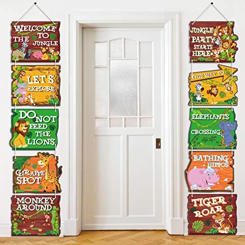 Blulu 10 Pieces Jungle Animals Party Signs Wild Animals Welcome Door Sign Zoo Cutout for Theme Party Birthday Party Baby Shower Supplies