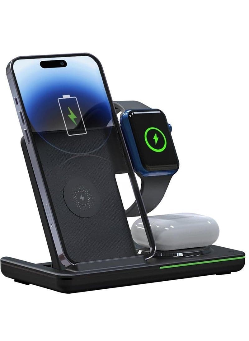 3-in-1 Wireless Charging Station – Fast Wireless Charger Stand for iPhone 15, 14, 13, 12, 11, X, Pro Max, AirPods, iWatch 8, 7, 6, 5, 4, Samsung Galaxy S – Fast Charging Dock for Multiple Devices, Sleek Design, Convenient & Efficient