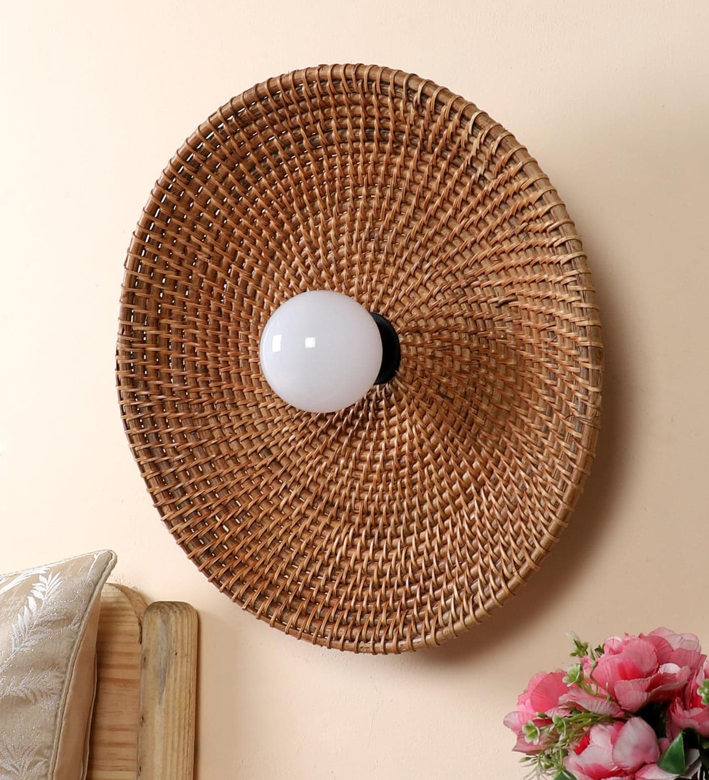 AKWAY Rattan Wall Lamps for Living Room | Bamboo Wall Lights for Bedroom | Cane Wall scones for Home Decoration (Cane Big Saucer - Brown)