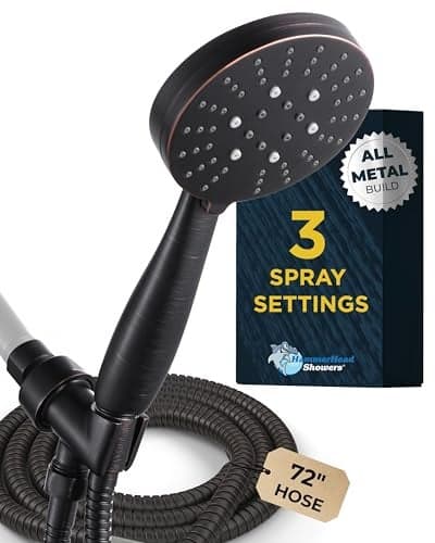 HammerHead Showers® Solid Metal 3-Spray Handheld Shower Head with Long Hose and Holder - OIL RUBBED BRONZE - 2.5 GPM High Pressure Shower Head with Handheld Sprayer - WIDE, MASSAGE, and MIST Sprays