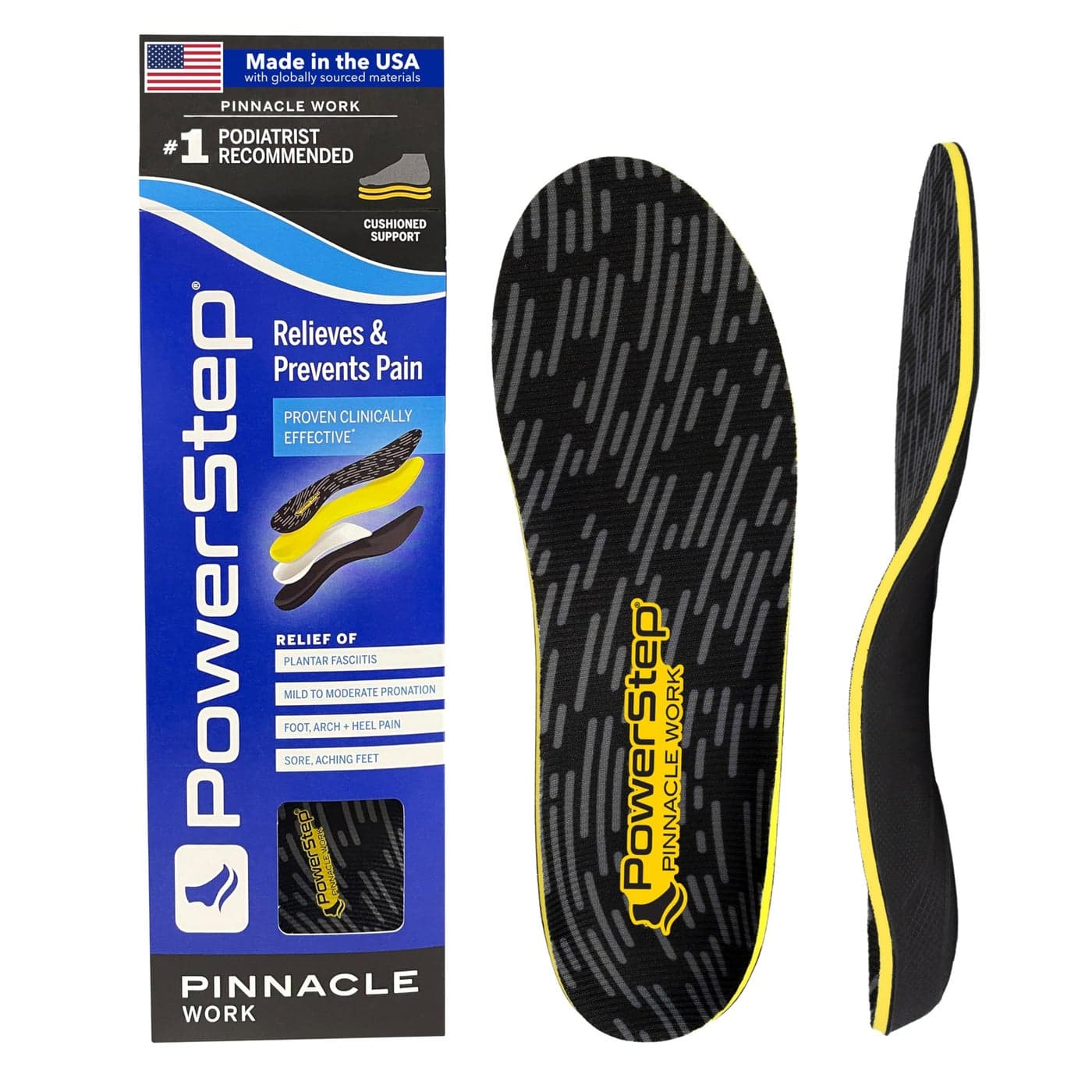 PowerStep Pinnacle Work Insoles Work Boot Arch Support Plantar Fasciitis Relief Pronation Arch Support Orthotic for Men and Women Made in The USA Mens 555 Womens 775