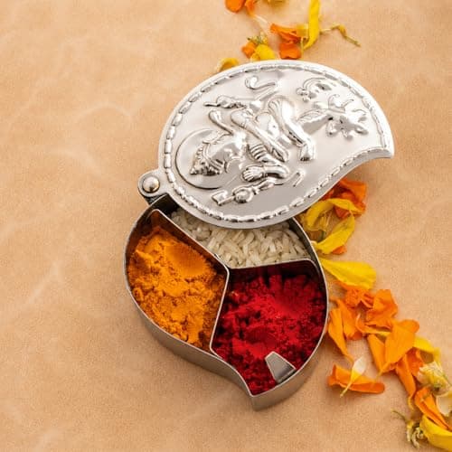 FREDDO-Stainless Steel Chandan Roli Tika Chopda Set/Chawal Akshat Haldi Dibbi/Kumkum Holder Chopda (NO 4) Pack of 1 Piece