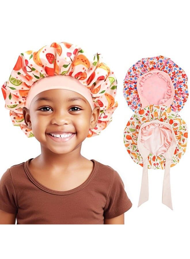 2 PCS Kids Bonnets for Girls, Reversible Silk Bonnet for Sleeping Satin Bonnet Cap with Wide Elastic Band -Fruit & Flower