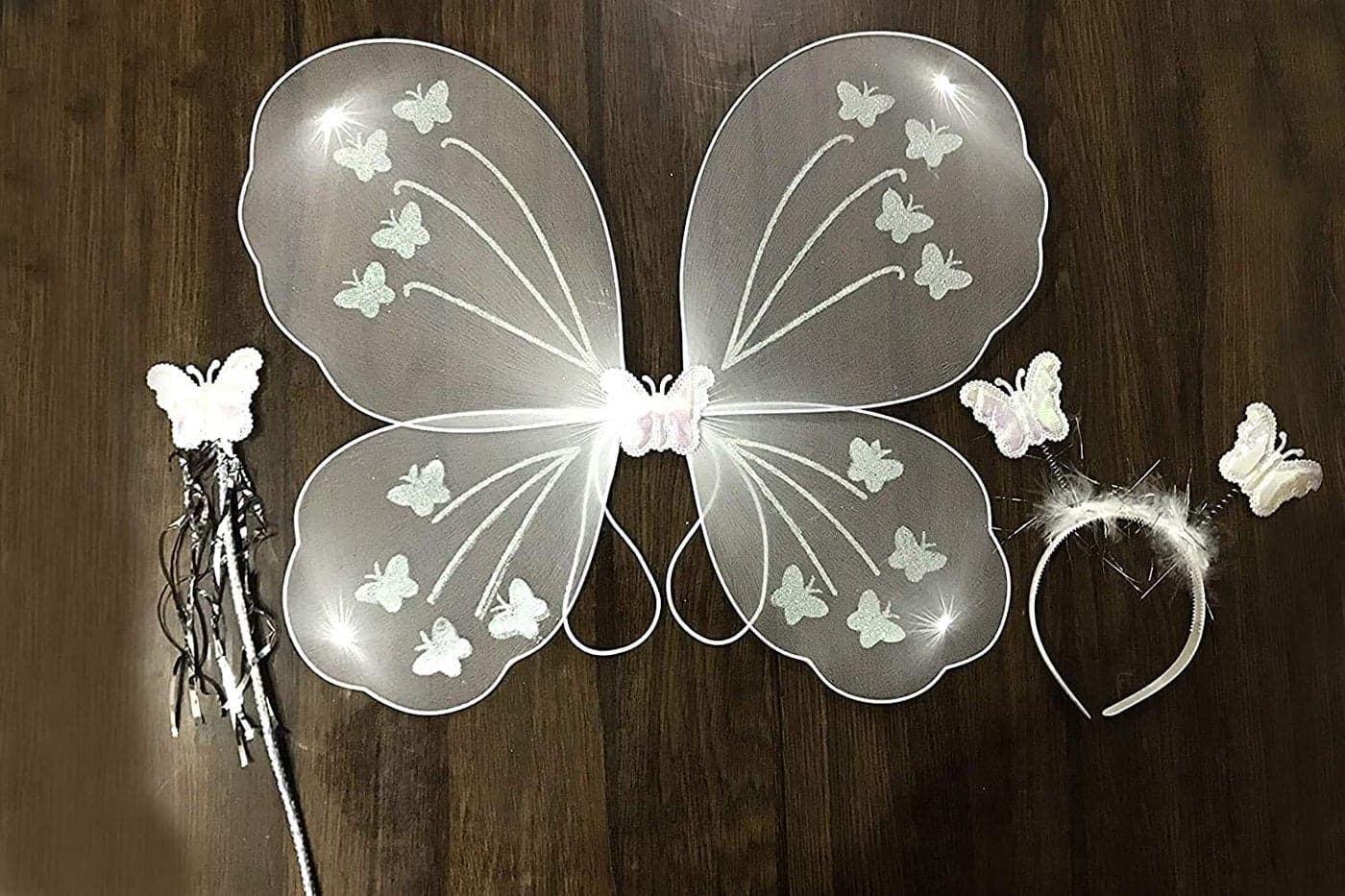 kunya Cotton Blend Baby Girl's Fairy Butterfly Wings Costume Butterfly Fairy Angel Wing, Wand And Hairband (White)