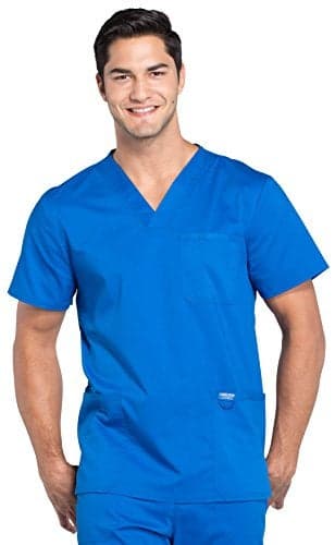 Cherokee Scrub top for Men V-Neck with 3 Pockets, Knit Details, Soft, Durable, Breathable, 2-Way Stretch Fabric - WW670, M, Royal