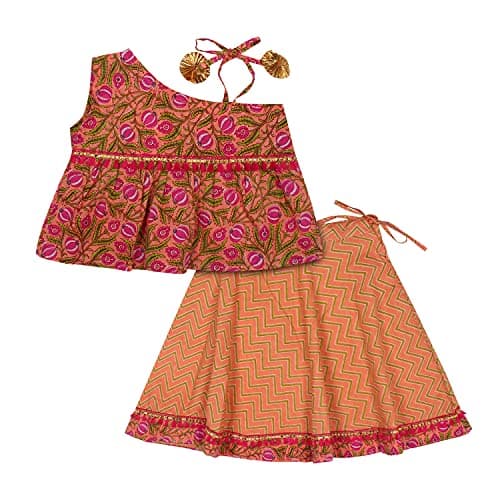 superminis Baby Girls Cotton Jaipuri Print One Side Off Shoulder Top/Kurti And Printed Lehnga/Skirt With Dori Closure Casual Kurti Skirt Set Dress (Orange, 5-6 Years)
