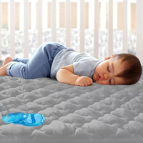 Crib Mattress Protector Sheets Fitted Waterproof Crib Mattress Pad Cover, Noiseless & Machine Wash 100% Absorbent Crib/Toddler Mattress Protector Sheet Quilted, Gray, 52" x 28"