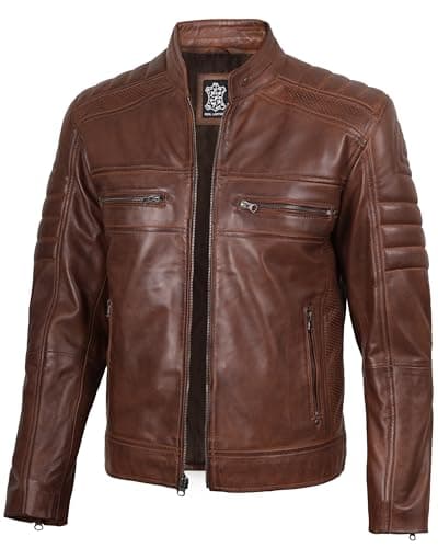 fjackets Brown tan leather jacket mens Leather Biker Motorcycle Jackets For Men Austin 1100065 XL