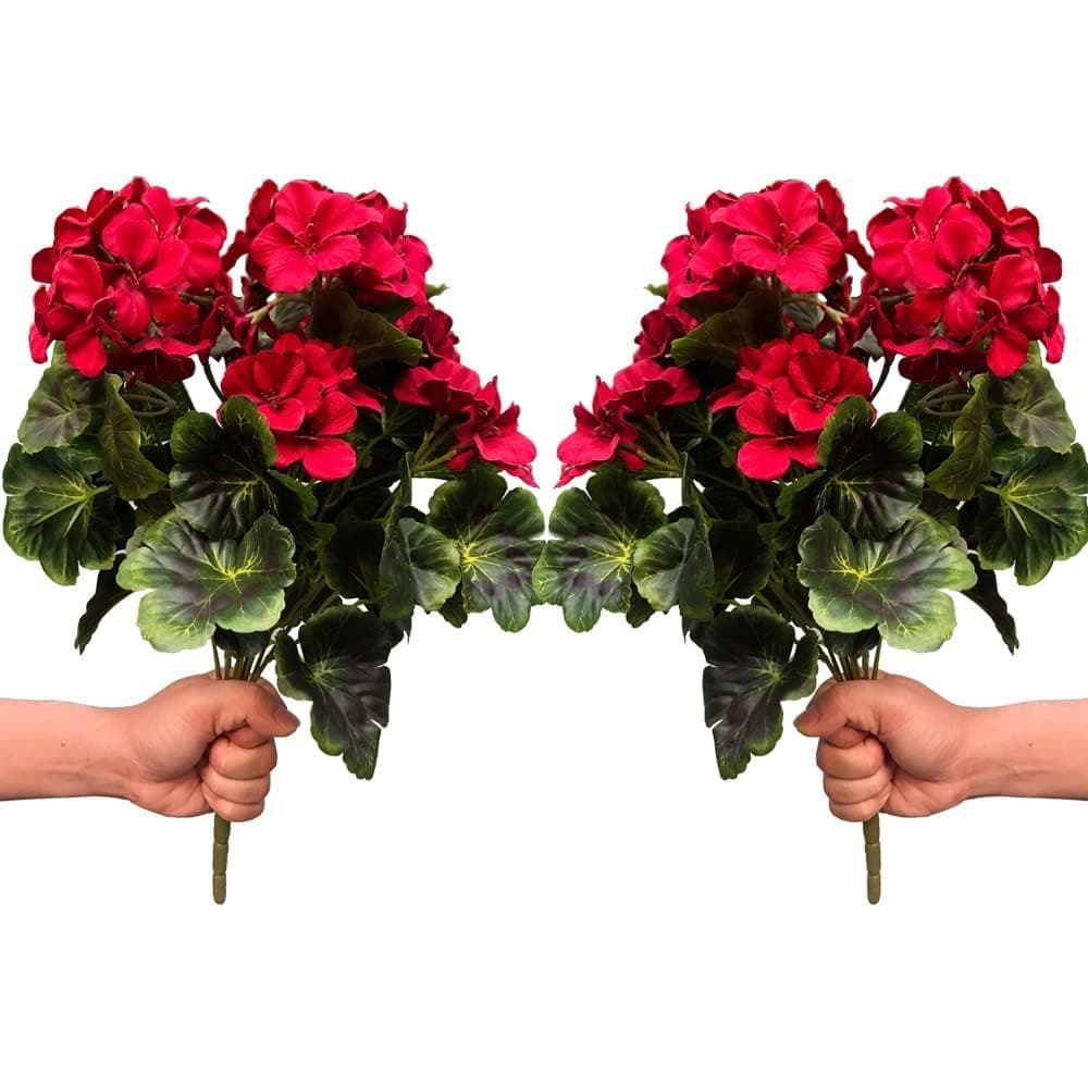 WAIFOMEI Artificial Geranium Silk Flower Bush Red 19 Inches Faux Geranium Flowers Plant for Outdoor Planter Home Patio Garden Decoration Set of 2
