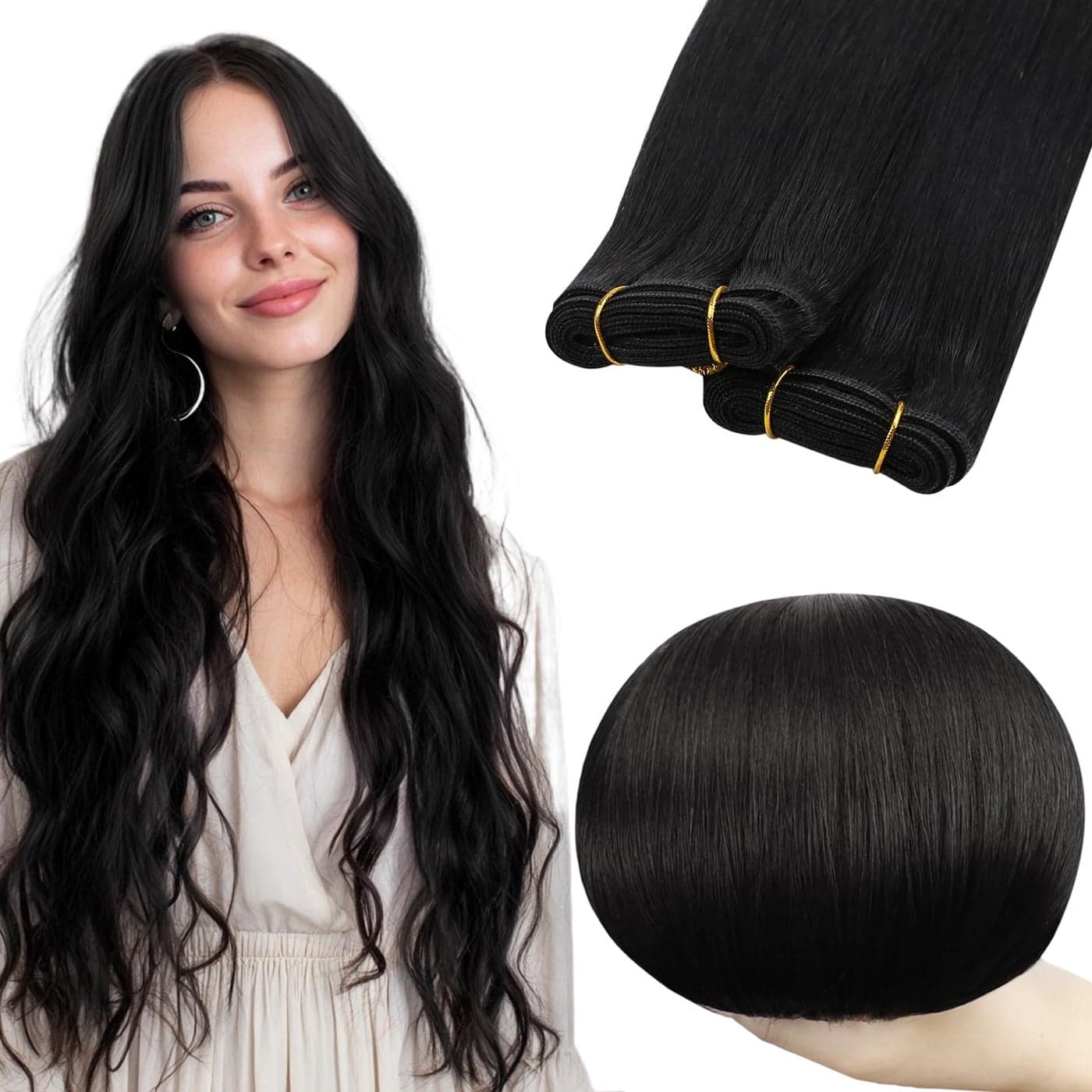 RUNATURE Weft Hair Extensions Human Hair Jet Black Long Sew in Hair Extensions Real Human Hair Black Women Brazilian Straight Weft Human Hair Extensions Wefts 20 Inch 100g 1