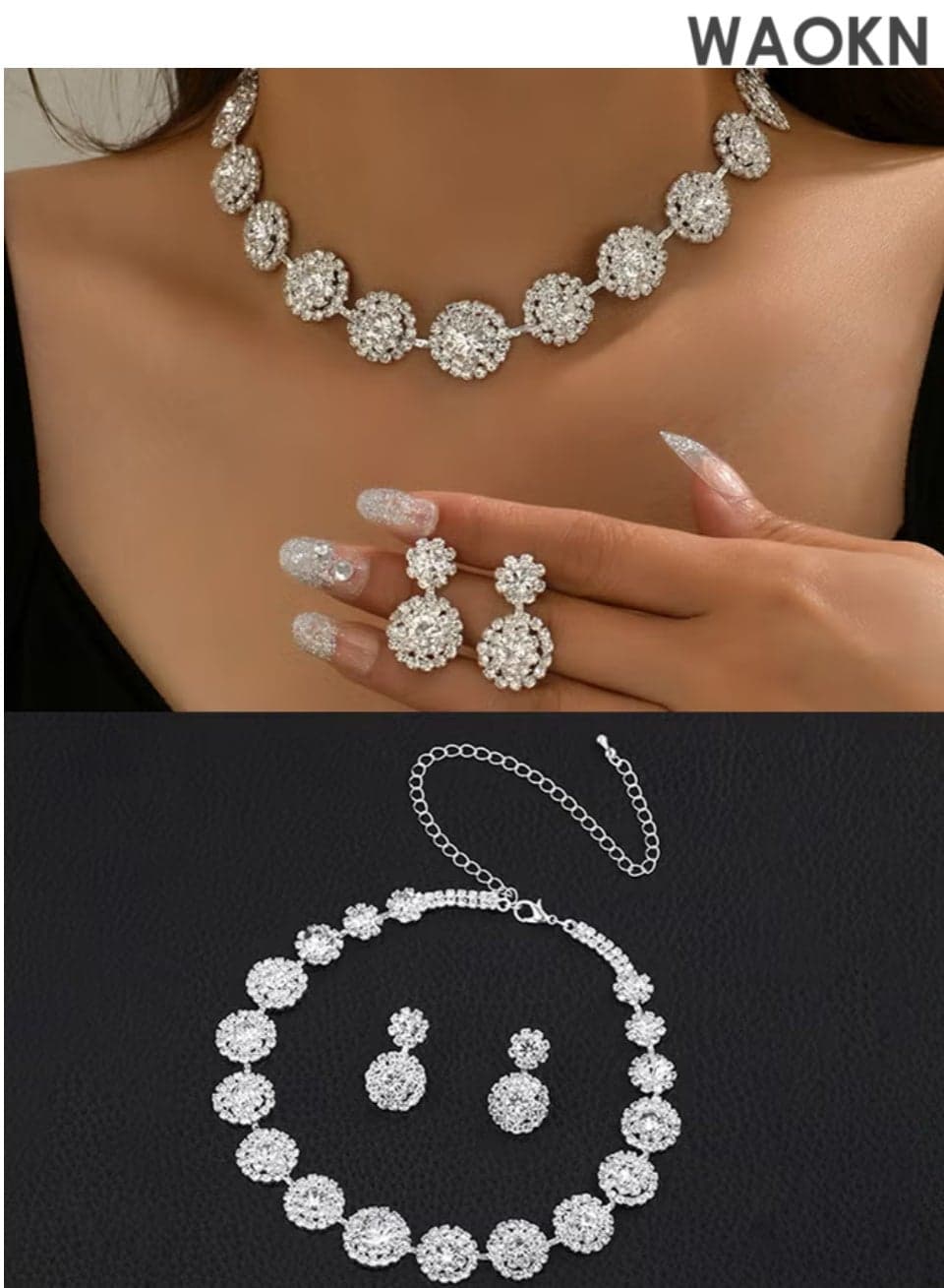 2 Piece Jewelry Set of Necklace and Earrings Shiny Round Diamond Chic Rhinestone Decor Jewellery Set for Women Ladies Gift for Girlfriend Wife Mother Bridesmaids Wedding Party Accessories