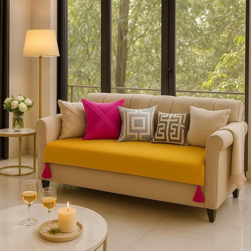 Ocher Yellow 4 Seater Sofa Cover with Tassels for Living Room|Throw Pillow 4Seater Couch Slipcover |Anti Slip Four Seater Corner Tassel Sofa Throw|Stylish Seat Cover for Indian Homes|