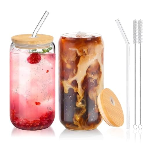 DAMCONME Glass Cups with Lids and Straws 2PcsCute Glass Cups for Iced Coffee Smoothies Whiskey Matcha Mojito Soda16 Oz2 Brush
