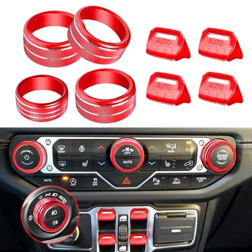 8Pcs Button Knob Covers for Jeep Wrangler JL JLU Accessories 2018-2024 2025 & Gladiator JT 2020-2024 2025 Window Switch Button Cover Volume Radio Tune Air Conditioner Headlight Knob Cover Rings, Red