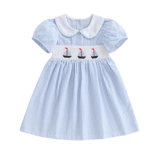 Socutebabe Toddler Baby Girl Sailboat Outfit Smocked Dresses Doll Collar Dress Cute Little Girls Summer Clothes (sail Boat Blue, 2-3 Years)