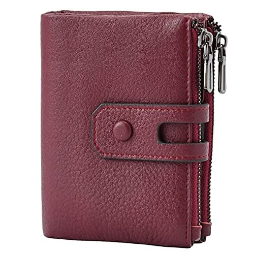 Bveyzi Small Soft Leather Wallet for Women RFID Blocking Ladies Card Holder with Double Zipper Pocket (Wine Red)