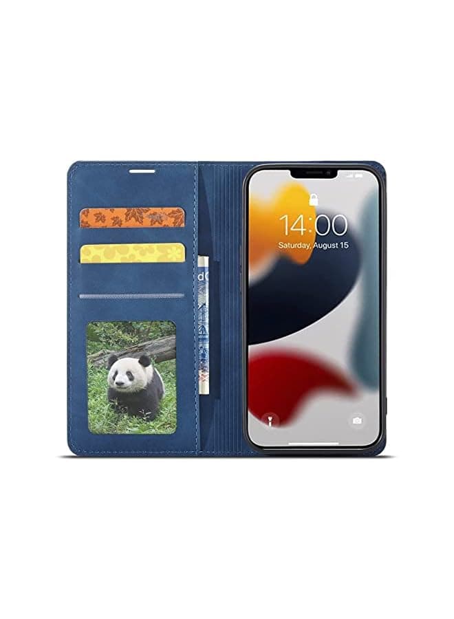 Luxury Genuine Leather Flip Wallet Case Compatible with iPhone 13 Pro Max, 3 Card Holder Slot Magnetic Flip Kickstand Wallet Case for iPhone 13 Pro Max 6.7 '2021 -Blue