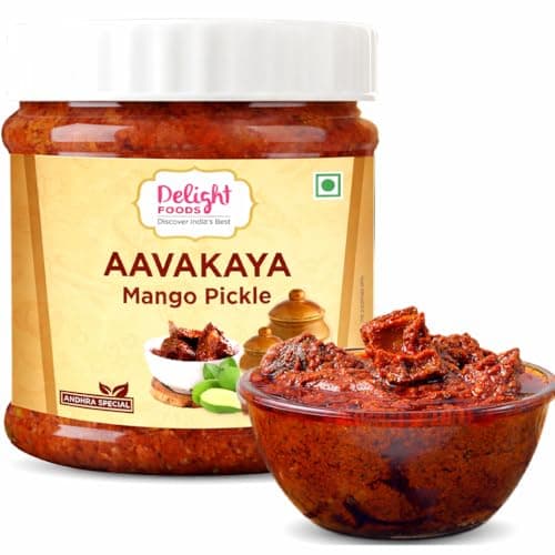Delight Foods Andhra Special Spicy Aavakaya Mango Pickles 250g | Made with Natural Sesame Oil Aam Ka Achaar | Homemade Style South Indian Avakai/Avakaya Pickle | No Artificial Preservatives