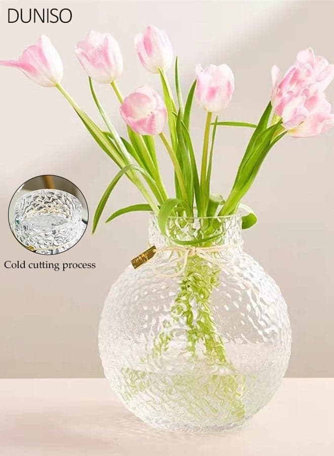 Round Glass Vases Textured Hammered Clear Glass Flower Vase with Gold Accent Modern Decorative Vase for Home Decor, Living Room, Centerpieces, Wedding