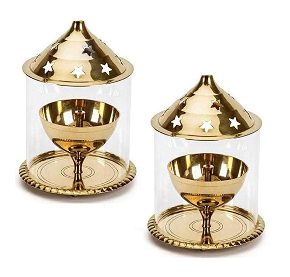 Pure HeavyBrass Akhand Diya with Glass Cover for Pooja & Diwali Brass (Pack of 2) Table Diya Set (Height: 5.2 inch) Large Size