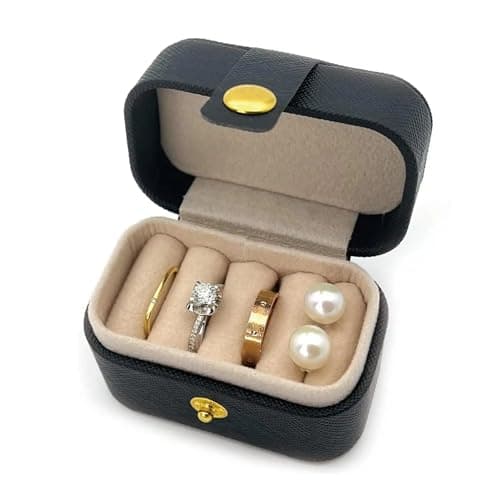 Gowloz Mini Ring Jewelry Box (Faux Leather, Black, 6.5 x 4.7 x 3.9 cm) – Portable Travel Case Organizer for Rings & Earrings – Small Compact Storage Box for Women & Girls