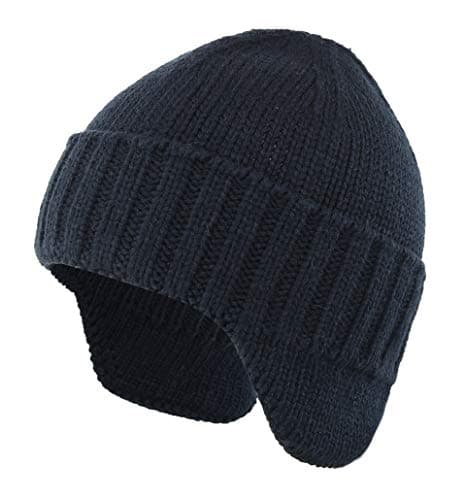 Home Prefer Mens Winter Knit Earflap Hat Cuffed Beanie with Ears Warmer Navy Blue