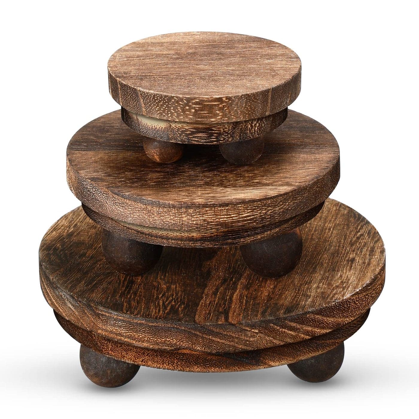 Amyhill 3 Pcs 543 Inch Wooden Risers for Display Wood Pedestal Stand Mini Tray Stand Round Wooden Pedestal Holder Rustic Buffet Cake Riser for Decor Tiered Tray Decor Home KitchenBrown