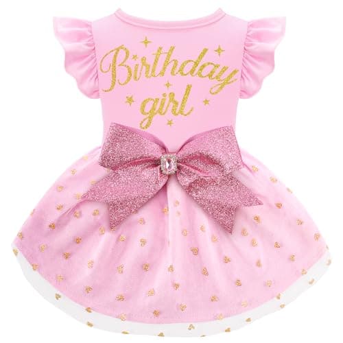 Dog Birthday Girl Dress Ruffle Dog Dress with Sparkly Pink Bowknot Tulle Birthday Princess Pet Clothes for Small Medium Large Dogs Girls Boys Cats Outfit Apparel