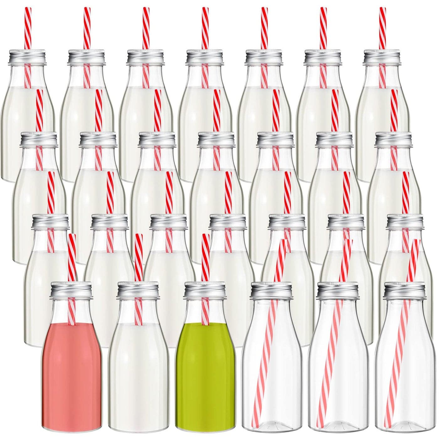 Irenare 40 Sets Plastic Small Milk Bottles with Straws and Metal Lids Clear Plastic Bottle for Dairy Milk Party Bottle for Milk Juices Shakes Smoothies 40 Bottles and 40 Straws Silver8 oz