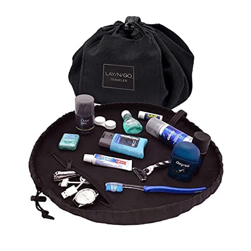 Lay-n-Go Drawstring Toiletry Bag - Water-Resistant 4-In-1 Lay Flat Toiletry Bag - Durable, Easy-To-Clean Travel - For Men & Women - Machine Washable & Compact (20", Black)