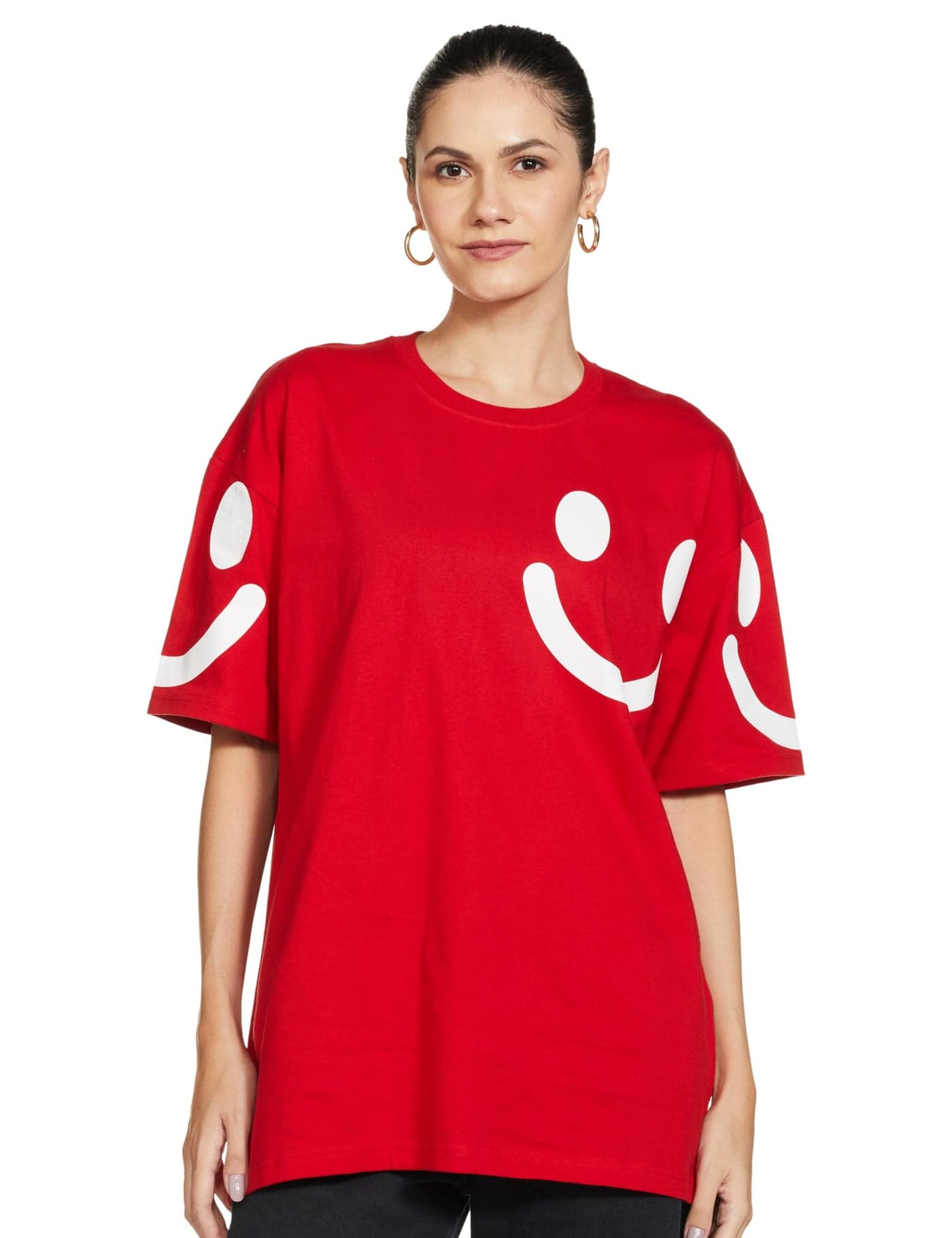 T2F Cotton Women's Solid Oversized Fit T-Shirt (WOM-DRP-TSRT-01_Red
