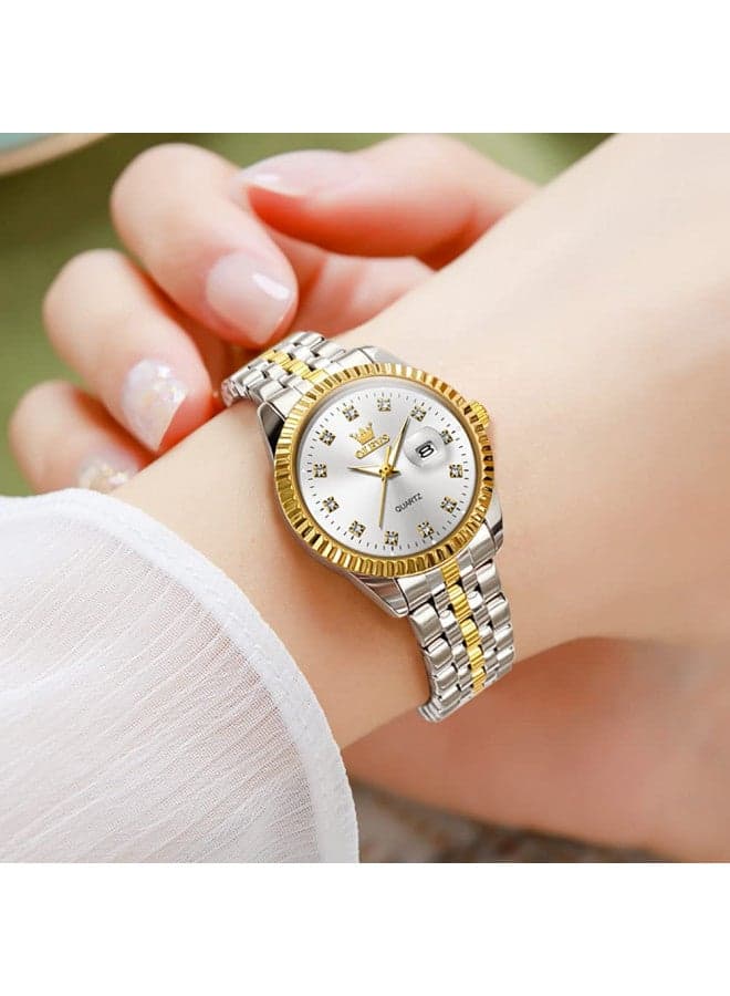 OLEVS Women's Luxury Analog Watch, Quartz Movement, 33MM, Water Resistant, Two Tone, Diamond Accents, Stainless Steel