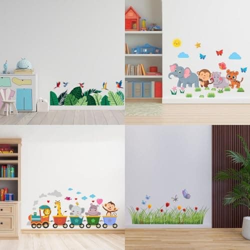 CVANU Set of 4 Beautiful Printed Leaf & Birds| Animal Theme| Train| Green Grass & Butterfly Combo Design Self-Adhesive Vinyl Wall Sticker for Kid's Room Wall Decorative Item (Multicolor)_830