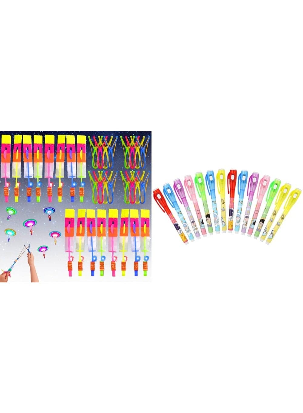 30 pcs set of 16 pcs flying led rocket slingshot and 14 pcs uv pens great for party favors return gifts and birthday party