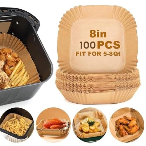 Xacton 100 pcs Air Fryer Paper Sheets, Non-Stick Parchment Paper Liners I Oil Proof Water Proof Tray I Heat Resistance, Food Grade I for Air Frying, Baking, Roasting Microwave (Square -100 Pcs)