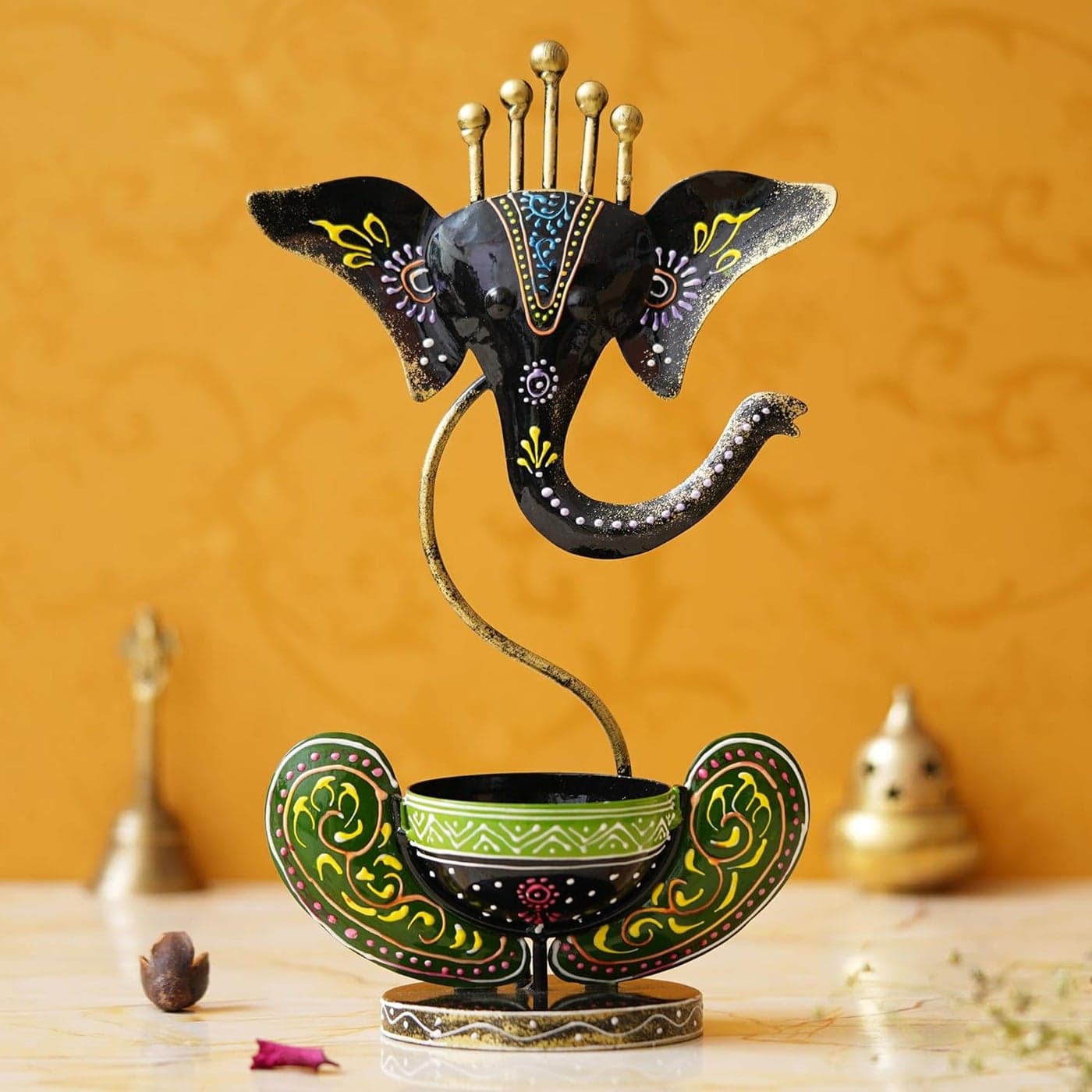Webelkart Premium Iron Lord Ganesh Tealight Candle Holder for Home and Pooja Decor 12 in Multicolor
